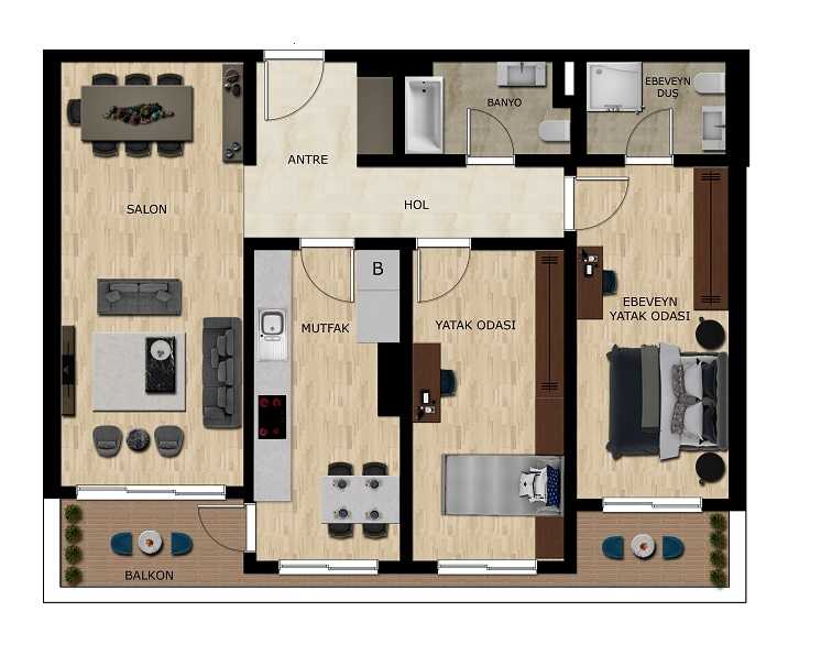 Bursa Luxury Apartments - Off-Plan - Sample 2 bedroom floor plan